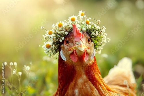 Summer happiness. Cute adult animal chicken wearing free flower wreath on its head. Golden sunrise. Elegant wildlife with floral accents. Majestic wildlife in summer. Dreamy wilderness scene.