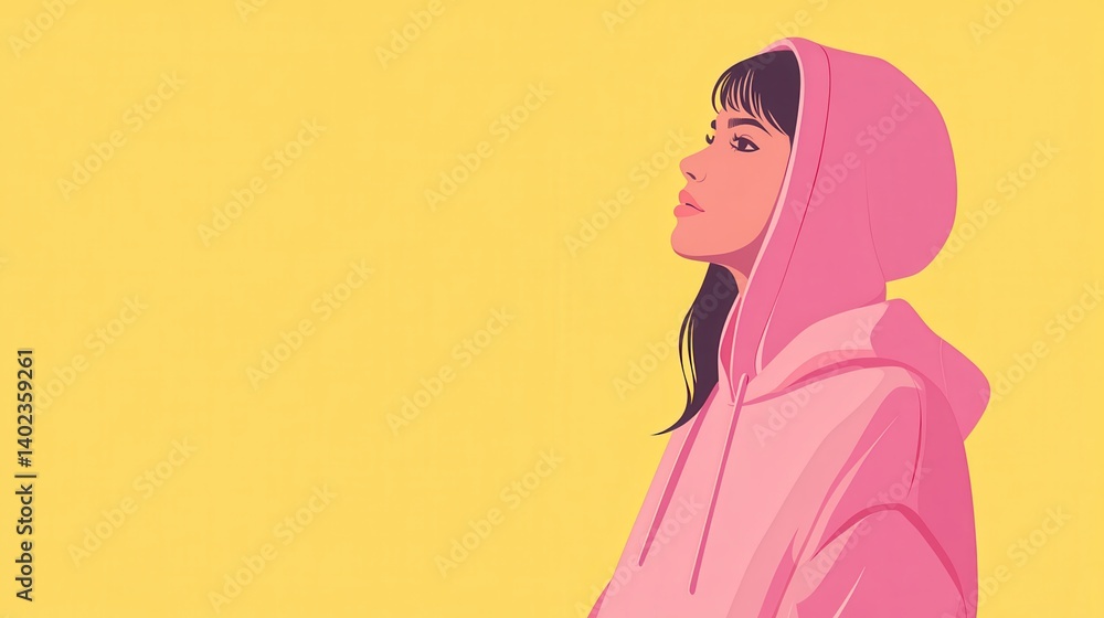 Trendy minimalist flat illustration Breast Cancer Awareness Month pastel colors woman in pink hoodie on yellow background symbolizing hope, support, and awareness for breast cancer illustration Trendy minimalist flat illustration Breast Cancer Awareness Month pastel colors woman in pink hoodie on yellow background symbolizing hope, support, and awareness for breast cancer illustration