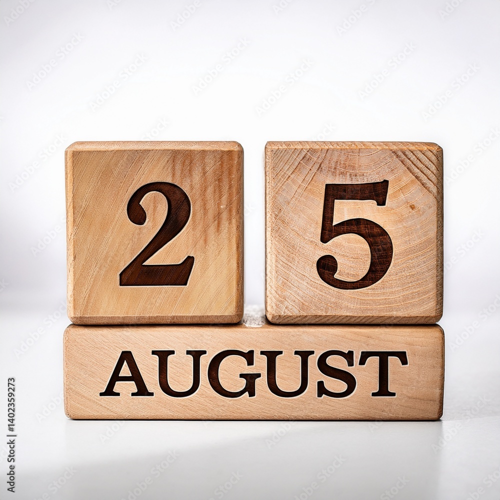 Minimalist photo of wooden blocks with date 25 August. Day and month, calendar on white background Minimalist photo of wooden blocks with date 25 August. Day and month, calendar on white background