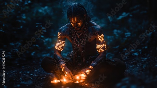 Warrior in forest with glowing orb performs ritual at twilight under a mystical atmosphere