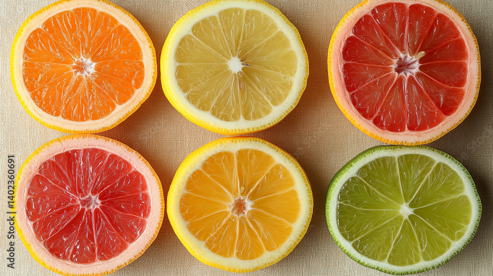 Obraz premium Citrus Symphony: A vibrant arrangement of citrus fruits, expertly sliced to reveal their juicy interiors, each bursting with color and freshness.