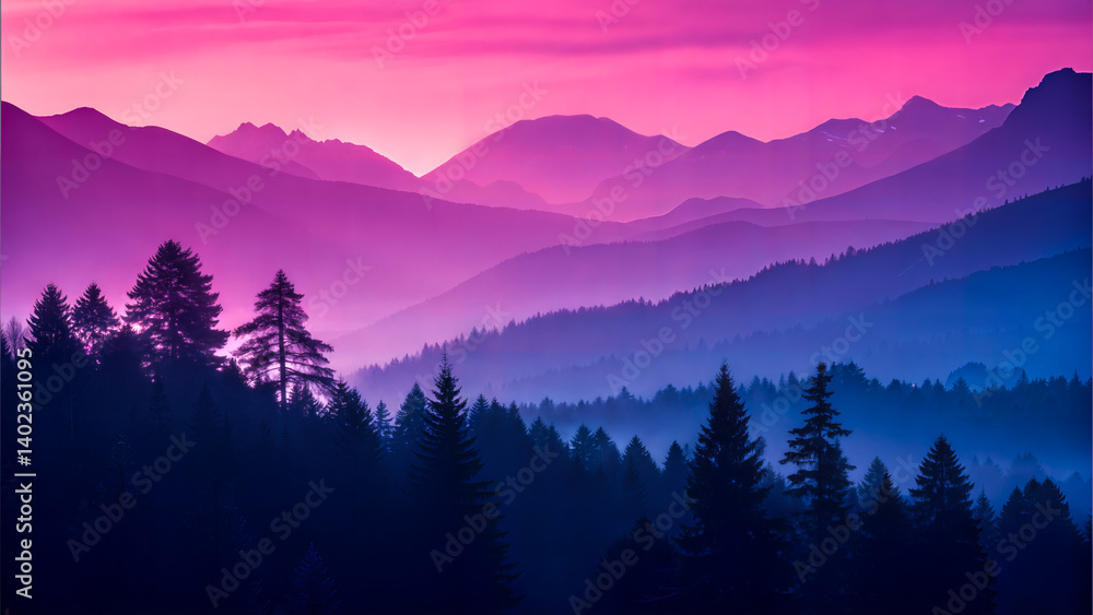 Obraz premium Vibrant pink and purple mountain sunset over a misty forest.