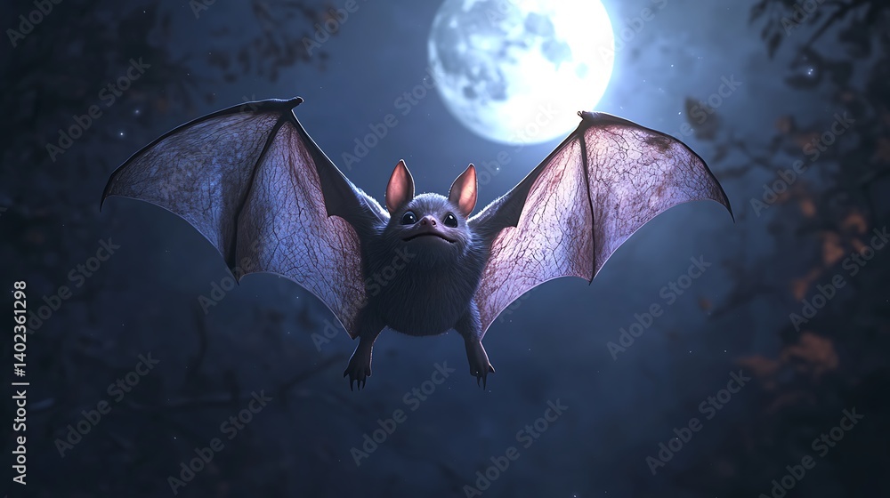 Cute Bat Flying at Night Under Full Moon