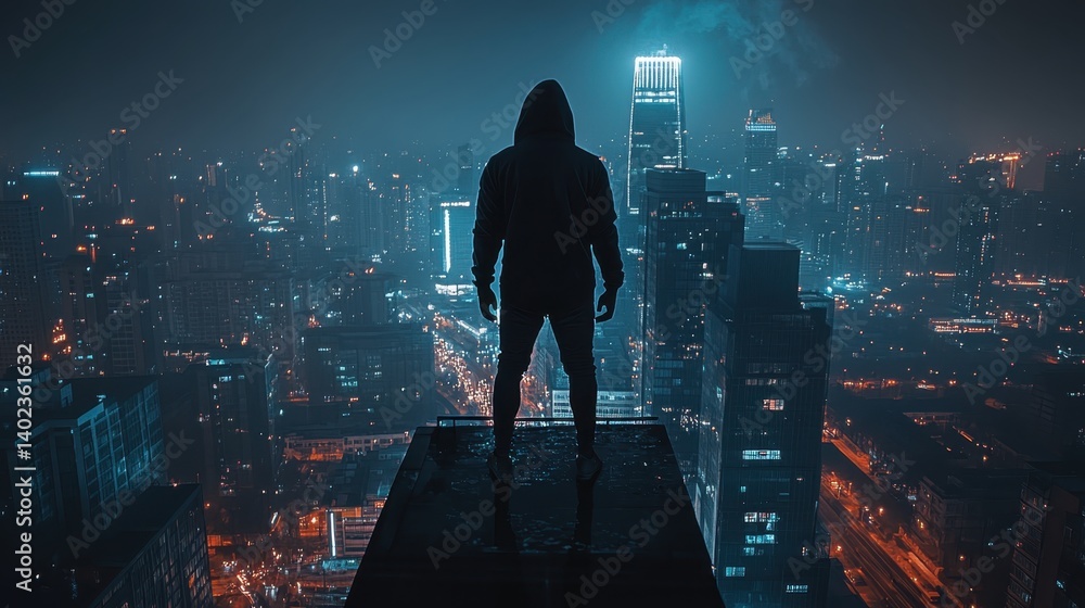Fototapeta premium City skyline at night with a silhouetted figure, showcasing urban adventure and modern life in the glow of city lights