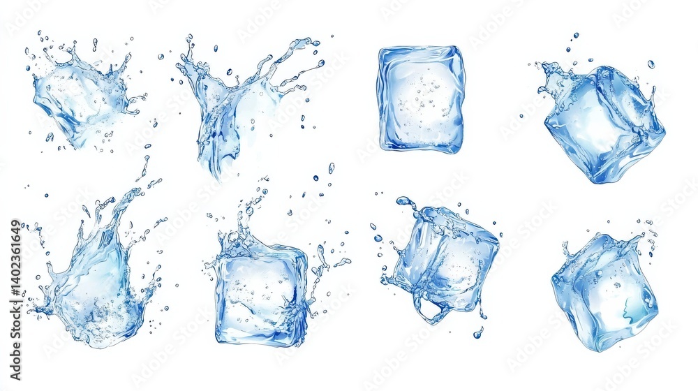 Obraz premium Ice cubes with water splash and drops. Cold mineral water, natural aqua or cocktail drink realistic vector splashes or frozen motion ripples ice cubes. beverage, soda isolated white background illust