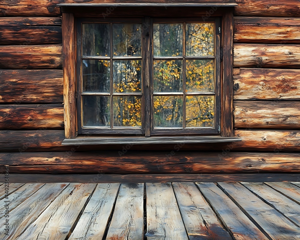 Log Cabin Window Autumn