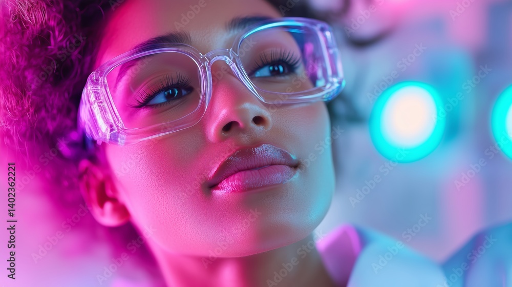 Unique fashion portrait of a young woman with clear glasses under vibrant neon lights in a modern urban setting at night Unique fashion portrait of a young woman with clear glasses under vibrant neon lights in a modern urban setting at night