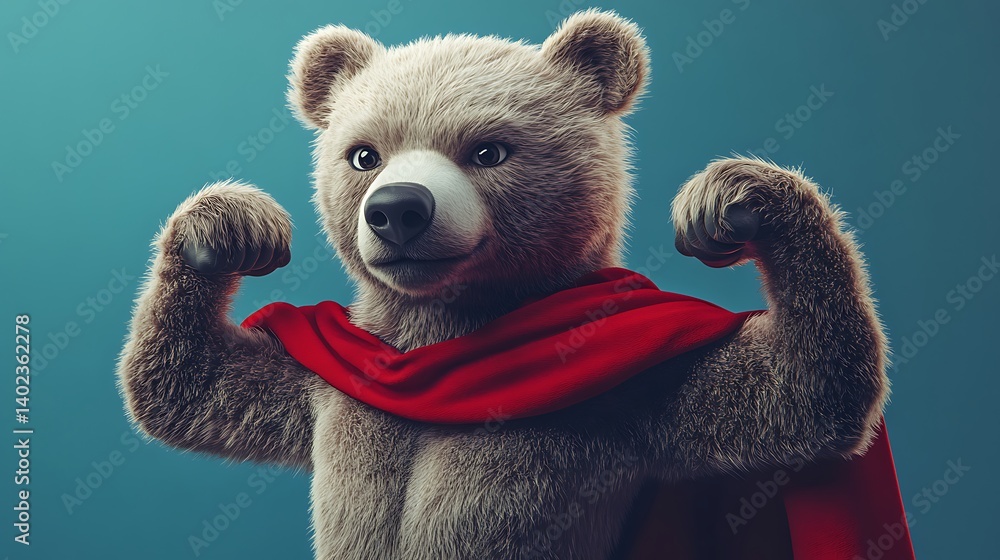 Strong Teddy Bear in Red Cape on Teal Background Strong Teddy Bear in Red Cape on Teal Background