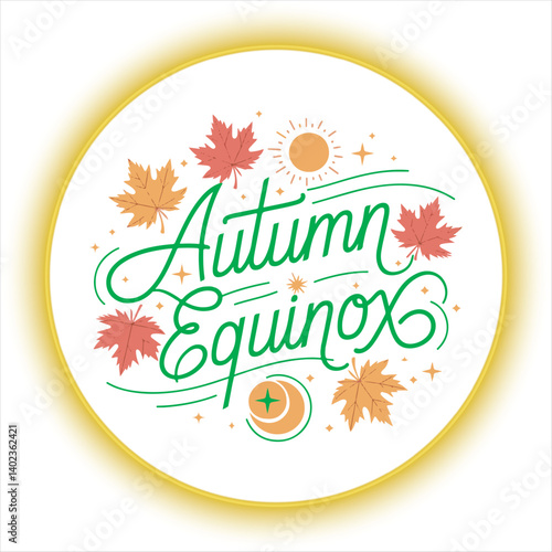 Autumn Equinox Calligraphy with Fall Leaves and Sun,Elegant Autumn Equinox Typography with Seasonal Elements,Handwritten Autumn Equinox Script with Maple Leaves,Fall Season Equinox Celebration Design 