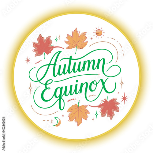 Autumn Equinox Calligraphy with Fall Leaves and Sun,Elegant Autumn Equinox Typography with Seasonal Elements,Handwritten Autumn Equinox Script with Maple Leaves,Fall Season Equinox Celebration Design 
