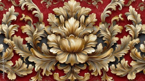 Ornate gold floral damask design on a red background.  Detailed, 3D-like embellishments