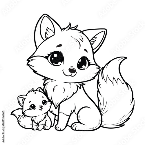 Line art of fox cub and mother fox cartoon vector