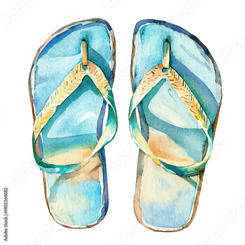 watercolor of Pair Of Flip Flops For Beach Travel, vector, isolated on a white background.