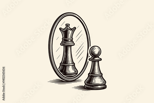 Pawn looking at queen in oval mirror, bold black engraving style