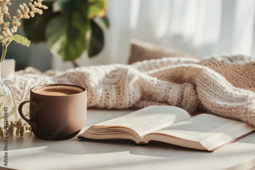 Soft daylight illuminates a warm space with a cup of coffee, an open book, and a knitted blanket adding comfort to the scene Soft daylight illuminates a warm space with a cup of coffee, an open book, and a knitted blanket adding comfort to the scene