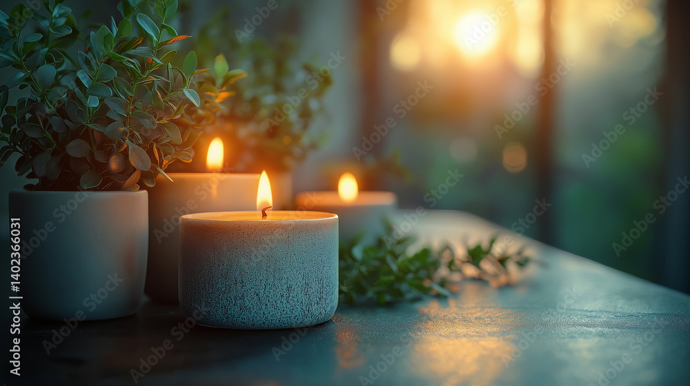 Candlelight Serenity: Three flickering candles, casting a warm, inviting glow, surrounded by verdant greenery and framed by the soft light of a setting sun, evoke a sense of peace and tranquility. Candlelight Serenity: Three flickering candles, casting a warm, inviting glow, surrounded by verdant greenery and framed by the soft light of a setting sun, evoke a sense of peace and tranquility.