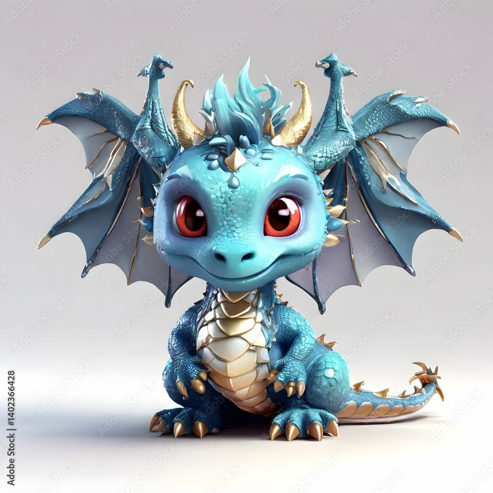 Fototapeta premium Blue cute baby dragon with glitter and sparkle on the scales, with big eyes and horns, wings spreading delicately, revealing shimmering scales against soft gray backdrop