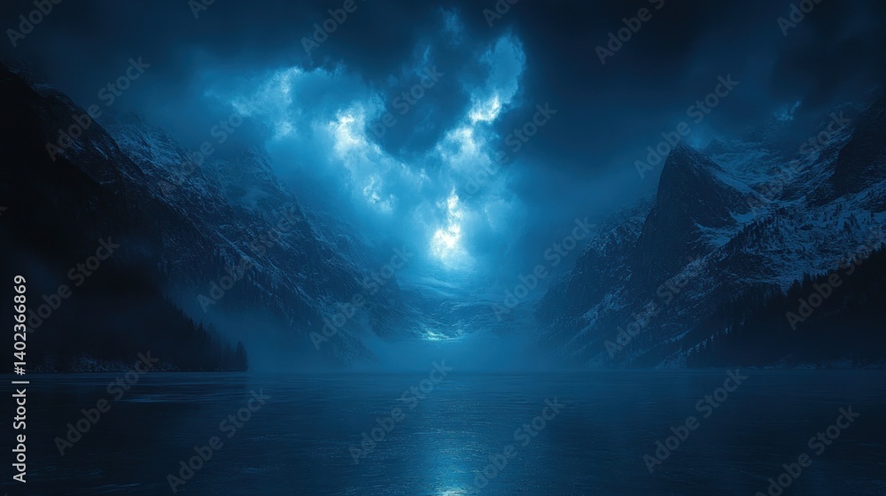 Dramatic night scene of snow-capped mountains reflected in a calm lake under a stormy sky. Dramatic night scene of snow-capped mountains reflected in a calm lake under a stormy sky.