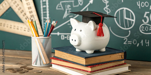 Concept image of education savings and financial planning. A white piggy bank wearing a graduation cap sits on top of a stack of books,