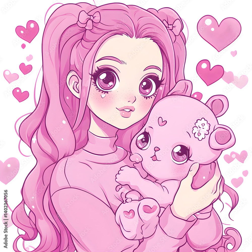 kawaii-style cartoon mom cradling baby, big eyes, heart symbols around them, pink tones, white background