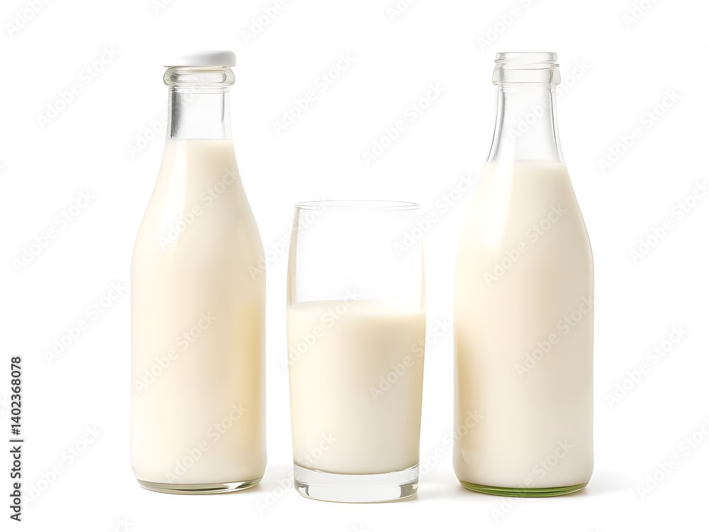 Fresh Milk in Glass and Bottle Isolated on White Background – Healthy Dairy Beverage Product Photo Fresh Milk in Glass and Bottle Isolated on White Background – Healthy Dairy Beverage Product Photo