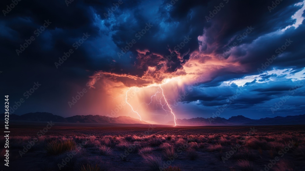 Dramatic thunderstorm with lightning illuminating a desert landscape during twilight hours Dramatic thunderstorm with lightning illuminating a desert landscape during twilight hours