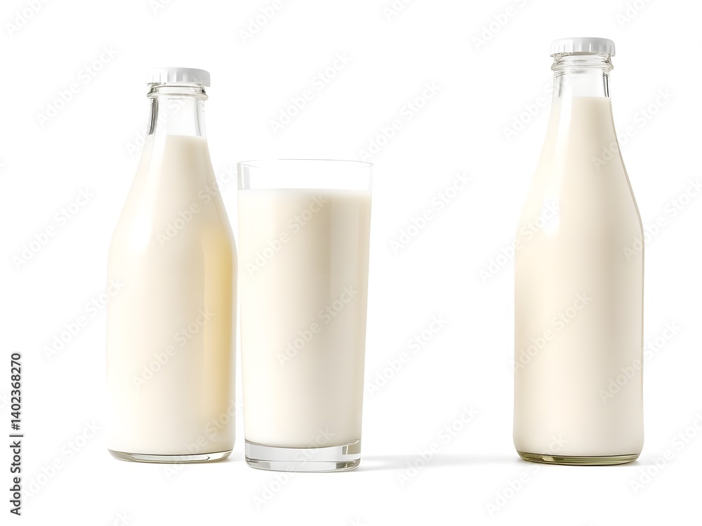 Fresh Milk in Glass and Bottle Isolated on White Background – Healthy Dairy Beverage Product Photo Fresh Milk in Glass and Bottle Isolated on White Background – Healthy Dairy Beverage Product Photo