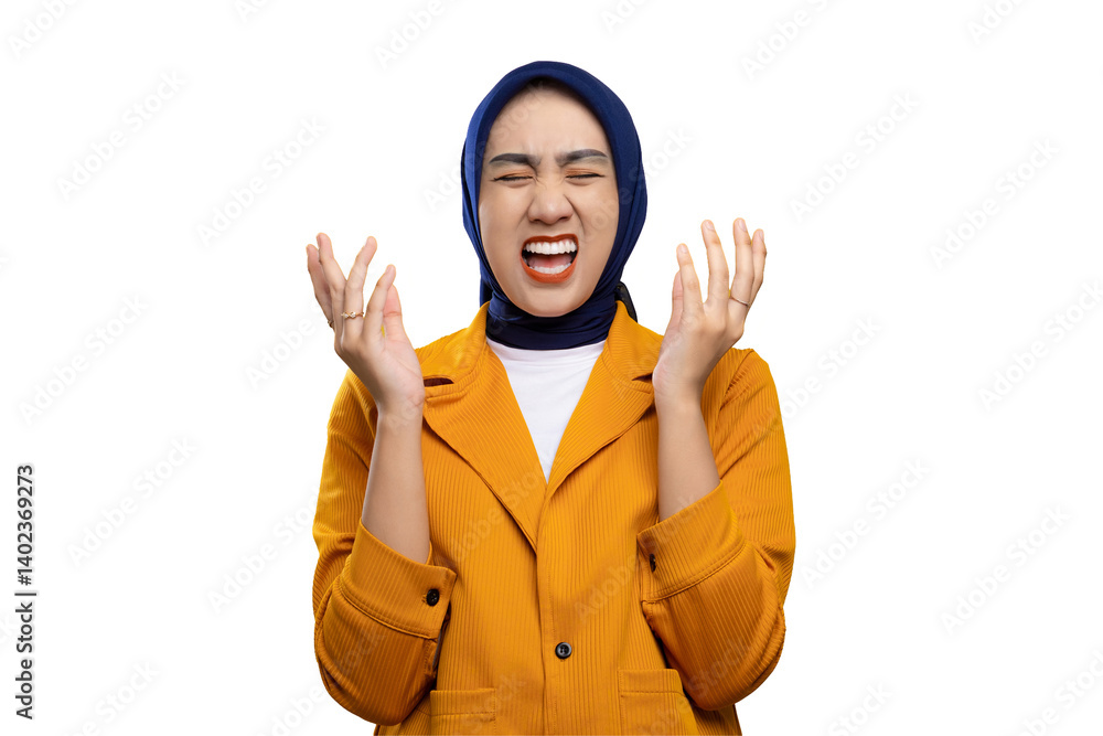 Angry young Asian woman raising hands and shouting with frustrated expression isolated on transparent background Angry young Asian woman raising hands and shouting with frustrated expression isolated on transparent background