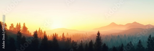 Landscape photograph of a beautiful sunrise over a mountain range. the sky is a gradient of orange and yellow, with the sun partially visible in the top left corner.