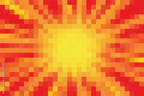 Pixel art of sunburst cartoon orange and red background. Comics zoom pixel background with copy space.