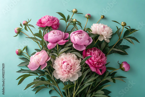 Symmetrical Peony Floral Composition with Pink Blooms and Teal Background in Soft Natural Light