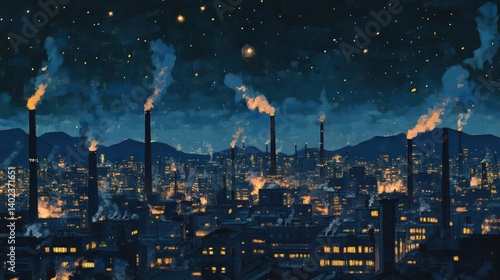 Wallpaper Mural Nighttime cityscape featuring industrial smokestacks and glowing lights against a starry sky Torontodigital.ca