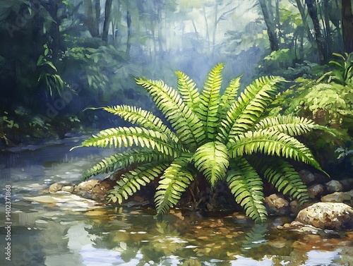 Obraz na płótnie Lush Fern by Stream in Forest w salonie