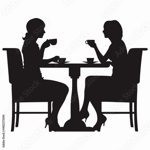 Vector illustration of two girls enjoying a coffee and chatting at a small café table – ideal for branding materials, blog headers, feminine clipart packs, or invitation card designs

