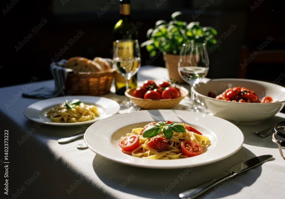 Romantic italian lunch with pasta, tomato sauce, basil and wine. Food serving on table with restaurant setting for greeting card, food blog and menu template. Romantic italian lunch with pasta, tomato sauce, basil and wine. Food serving on table with restaurant setting for greeting card, food blog and menu template.