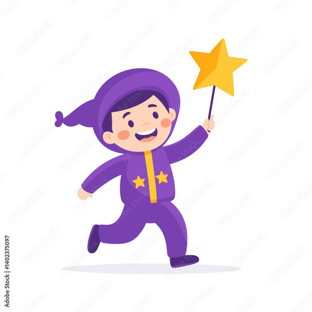 Happy Child in Purple Wizard Costume Running with a Gold Star Happy Child in Purple Wizard Costume Running with a Gold Star