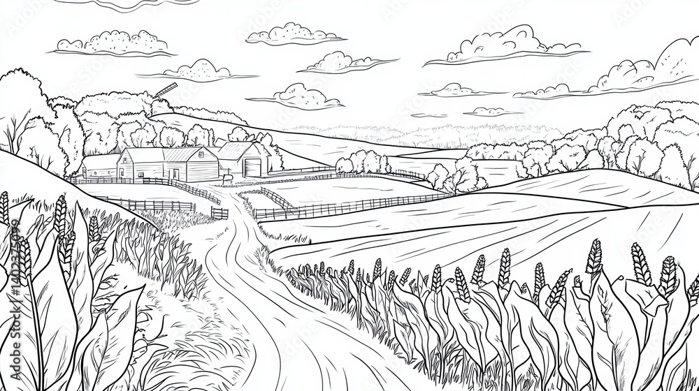 Fototapeta premium A black and white vector line drawing for coloring, of an American farm with corn fields in the background illustration