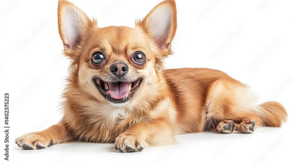 Happy Chihuahua Dog Laying Relaxed with a Joyful Expression on a White Background Happy Chihuahua Dog Laying Relaxed with a Joyful Expression on a White Background
