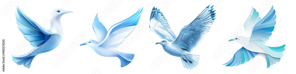 Obraz premium Set of 2d illustration of a seagull logo type in serene shades of sky blue and white isolated on transparent background