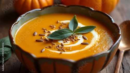 Butternut squash soup with cream swirl in pumpkin bowl