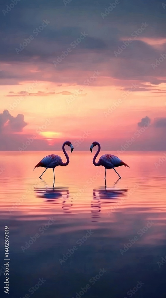 Fototapeta premium Two pink flamingos reflect in a serene sunset.