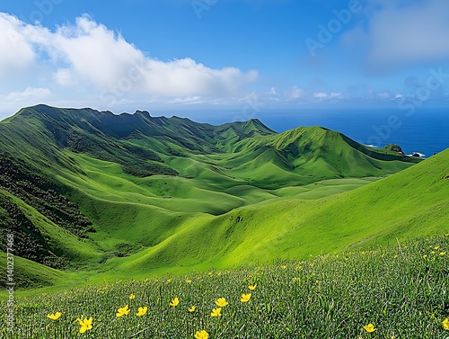 Obraz na płótnie Lush Green Hills Ocean View w salonie