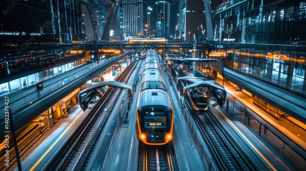 Futuristic transportation system showcases sleek vehicles in a modern urban environment Futuristic transportation system showcases sleek vehicles in a modern urban environment