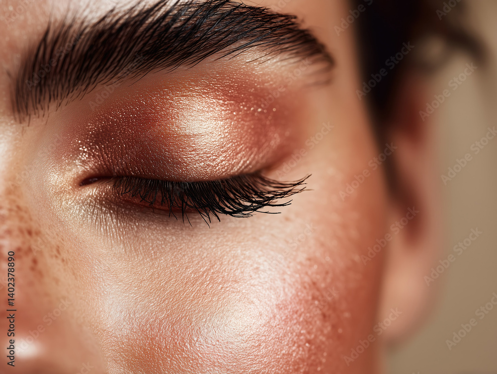 Beauty shot of a model's closed eye with bronze eyeshadow and mascara.