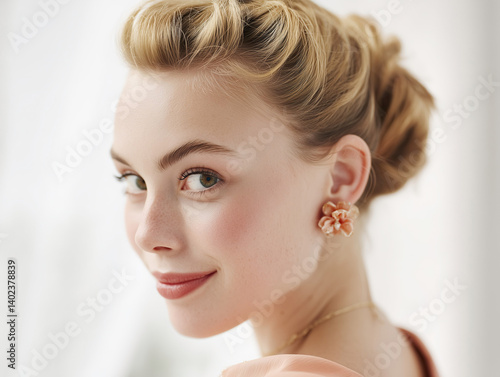 Obraz na płótnie Beauty shot of a model's face with retro hairstyle and floral earrings. Retro beauty look concept. w salonie