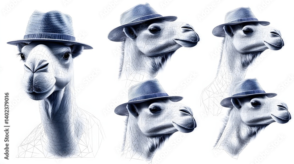 Whimsical Portraits of a Llama Wearing a Blue Straw Hat with a Comical Expression Whimsical Portraits of a Llama Wearing a Blue Straw Hat with a Comical Expression