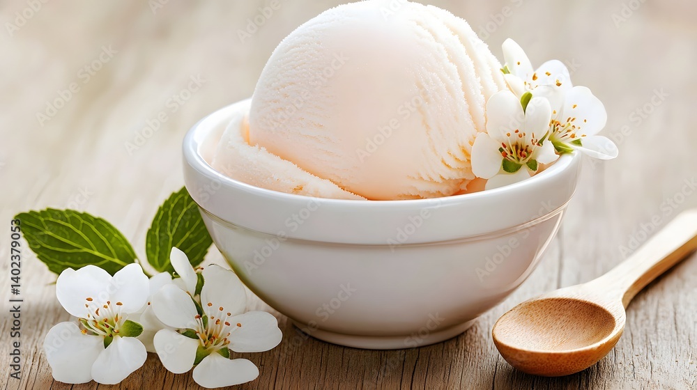 Scoop of Creamy Vanilla Ice Cream Decorated with Fresh Cherry Blossoms and Served with Wooden Spoon Scoop of Creamy Vanilla Ice Cream Decorated with Fresh Cherry Blossoms and Served with Wooden Spoon