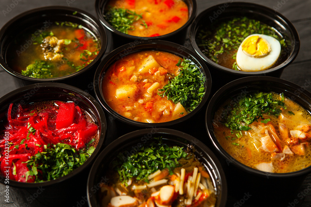 Business lunch in eco plastic container ready for delivery.Top view. Office Lunch boxes with food ready to go. Food takes away. Catering, brakfast. Business lunch in eco plastic container ready for delivery.Top view. Office Lunch boxes with food ready to go. Food takes away. Catering, brakfast.
