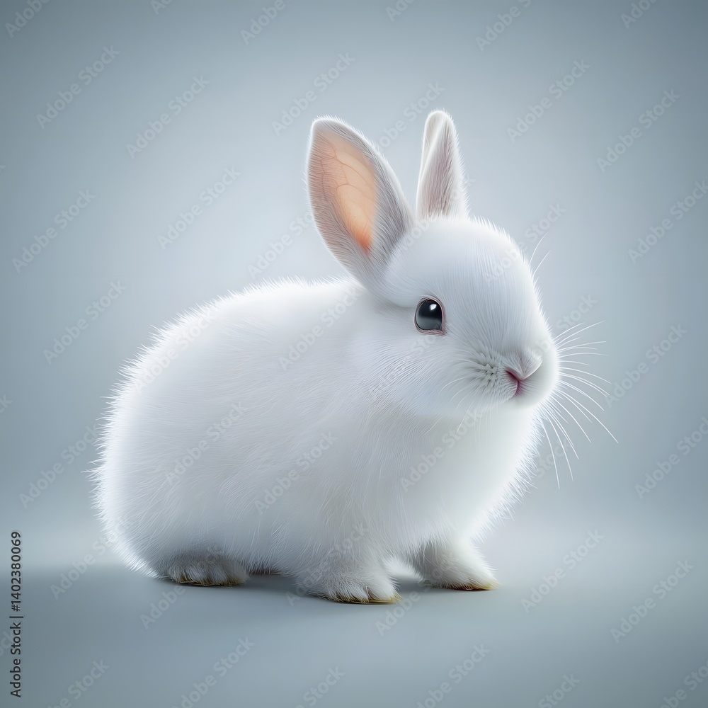 Fluffy White Rabbit Sitting Gracefully on a Soft Surface with Gentle Lighting Fluffy White Rabbit Sitting Gracefully on a Soft Surface with Gentle Lighting