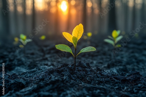 Forest regrowth after wildfire, misty morning light filtering through new saplings, vibrant green shoots emerging from ash-covered ground, macro detail of rebirth